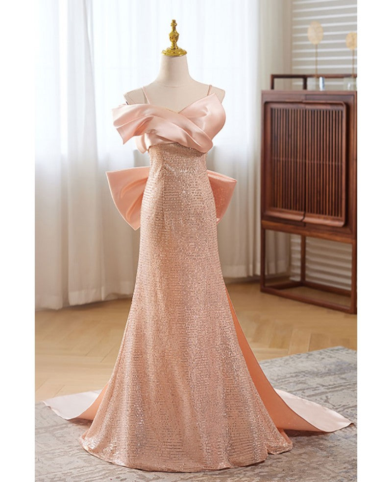 Pink Mermaid Off-Shoulder Sequin Sleeveless Floor-Length Evening Dress - Chloe Dress