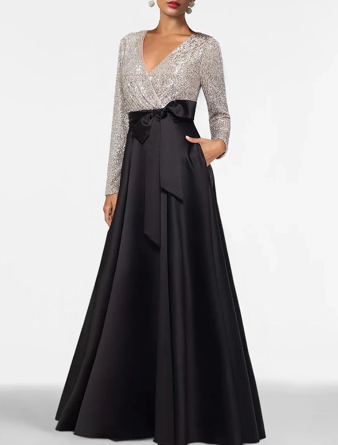 Black A-Line V-Neck Satin Long Sleeve Floor-Length Evening Gown - Chloe Dress