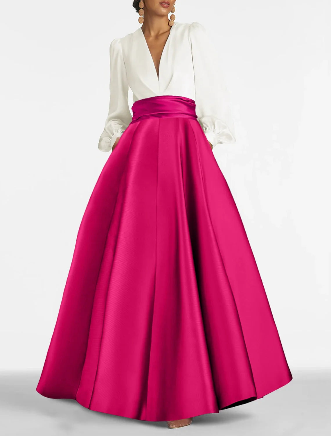 A-Line V-Neck Satin Long Sleeve Floor-Length Evening Gown - Chloe Dress