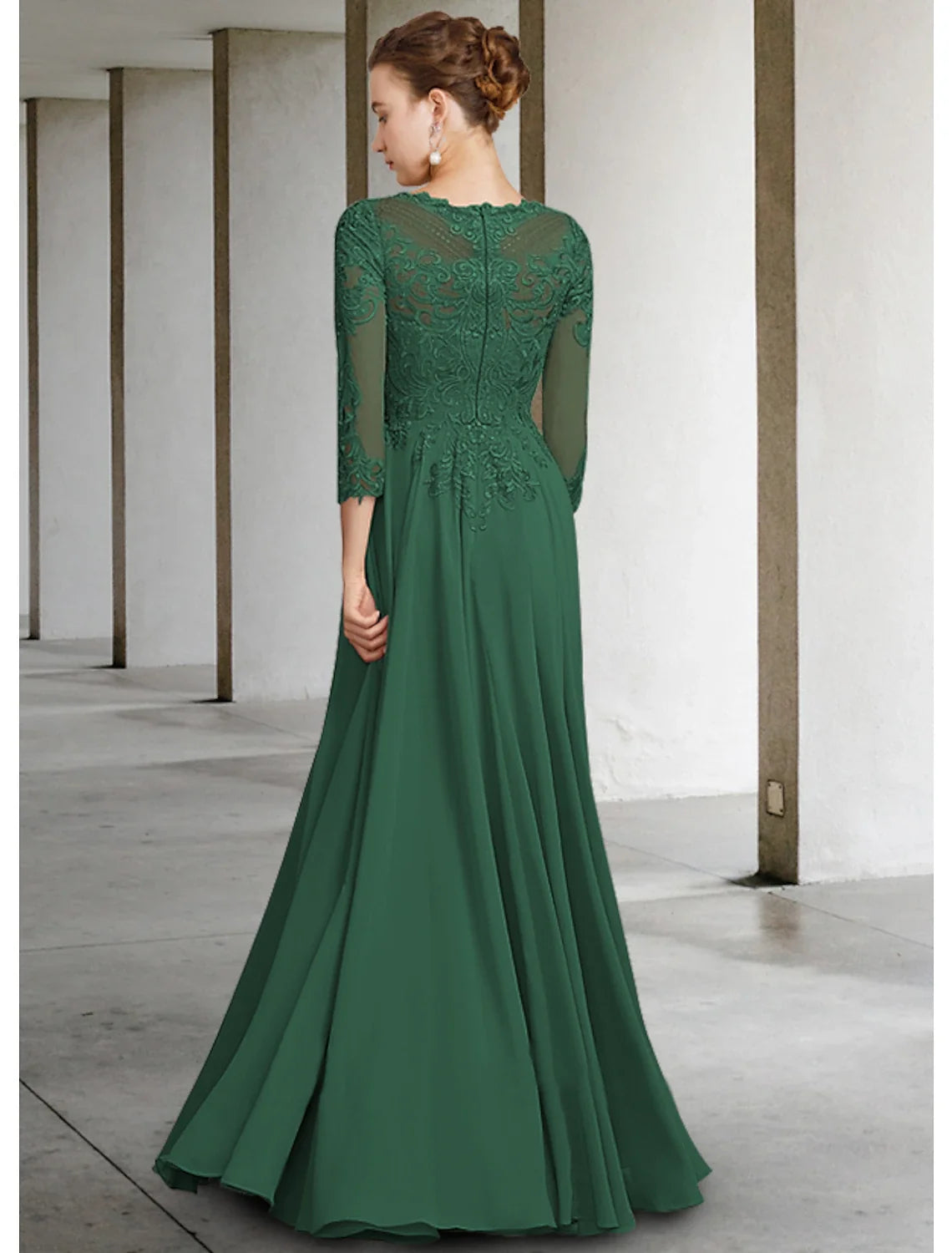 A-Line Chiffon Three-Quarter Sleeve Pleated Floor-Length Dress - Chloe Dress