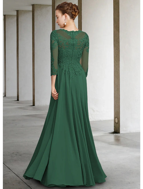 A-Line Chiffon Three-Quarter Sleeve Pleated Floor-Length Dress - Chloe Dress