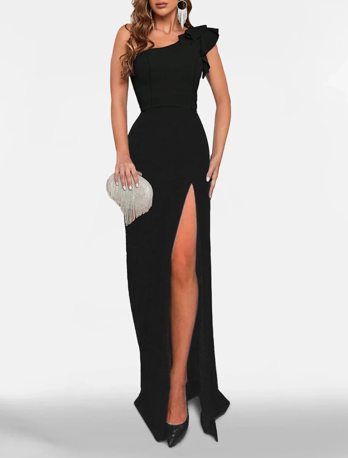 Black Mermaid One-Shoulder Sleeveless High Slit Prom Dress - Chloe Dress