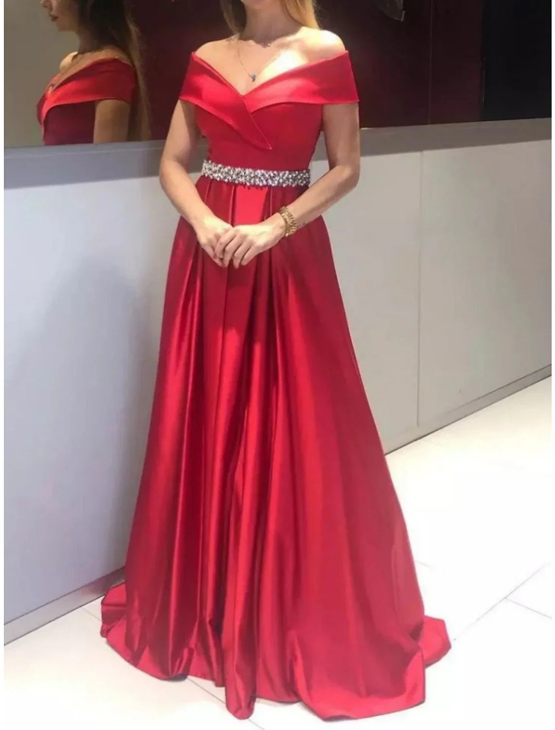 Green A-Line Off-Shoulder Satin Sleeveless Pleated Evening Gown - Chloe Dress
