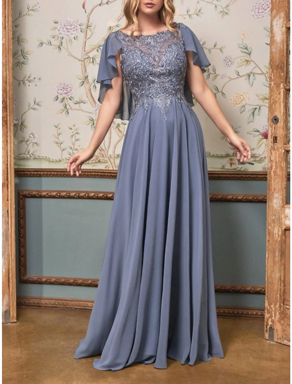Sheath Chiffon Short Sleeve Ruffled Floor-Length Wedding Dress - Chloe Dress
