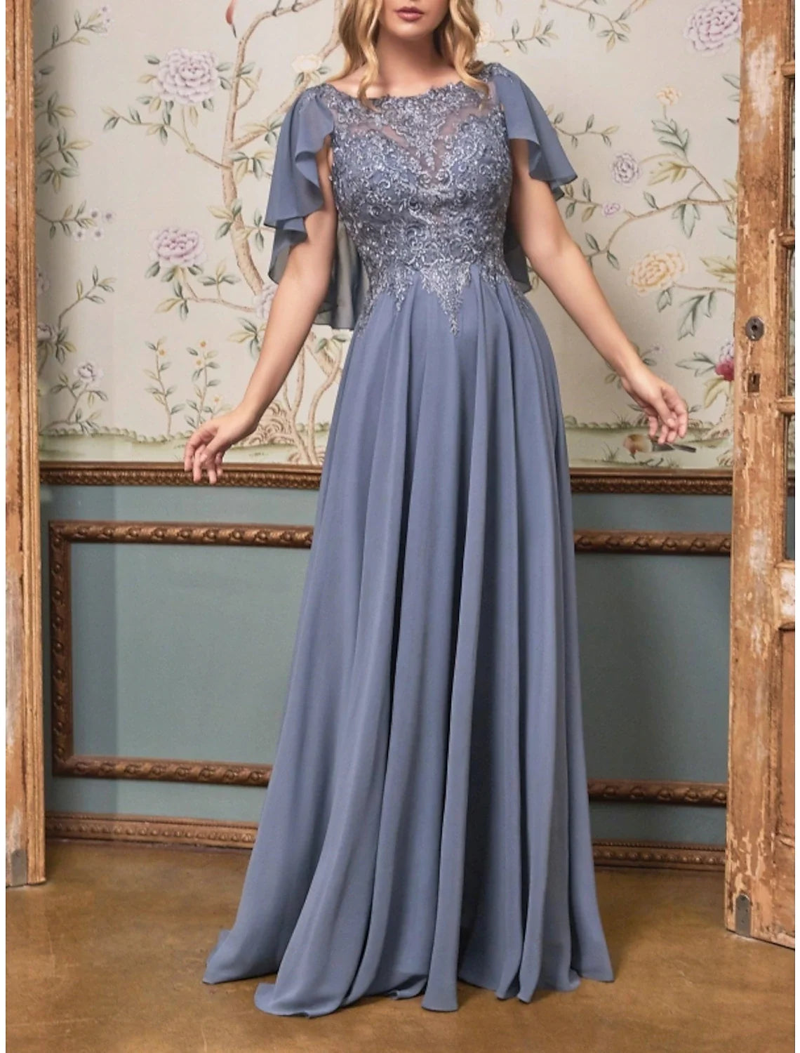 Sheath Chiffon Short Sleeve Ruffled Floor-Length Wedding Dress - Chloe Dress