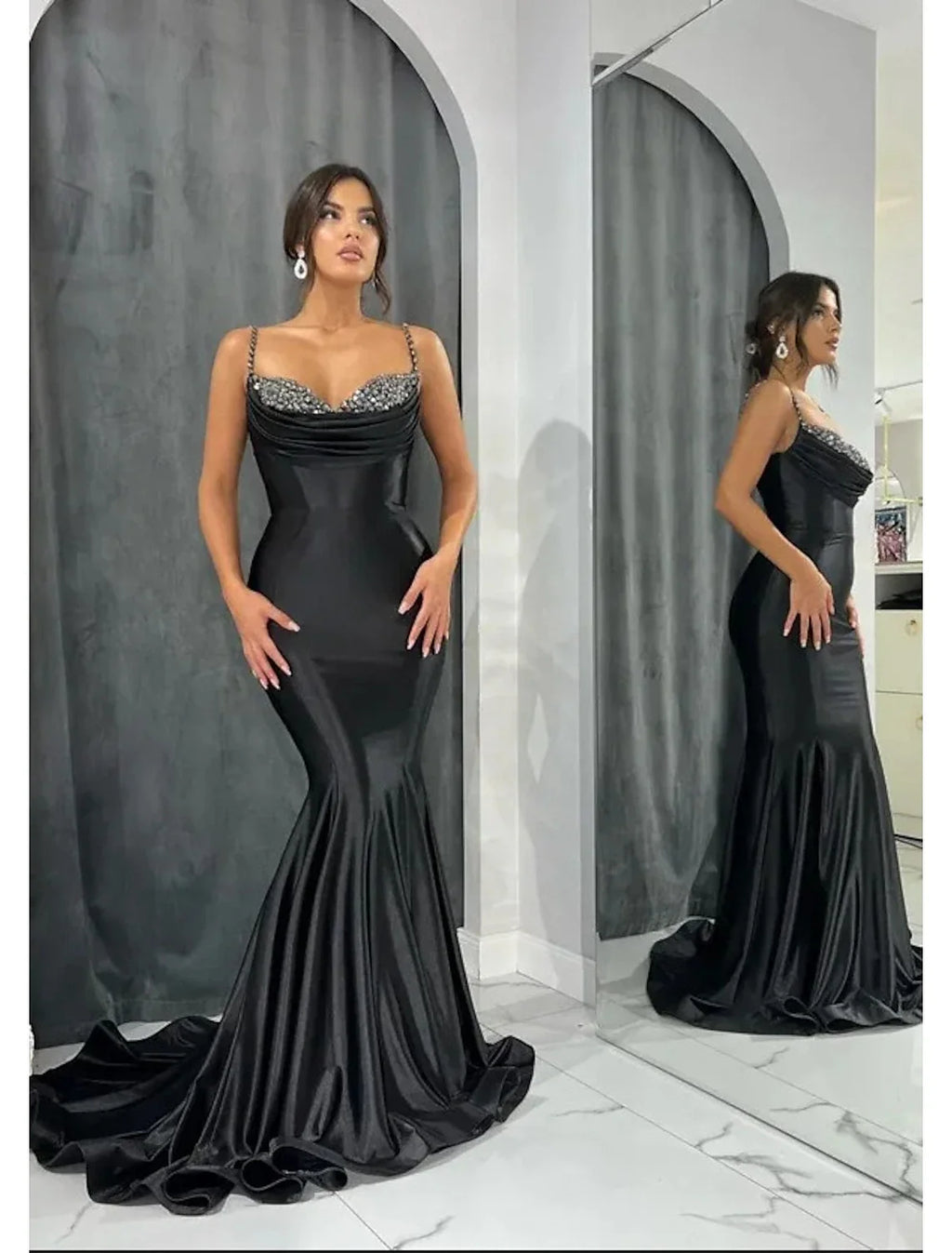 Black Mermaid Sweetheart Satin Sleeveless Open Back Train Evening Gown - Chloe Dress