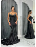 Black Mermaid Sweetheart Satin Sleeveless Open Back Train Evening Gown - Chloe Dress