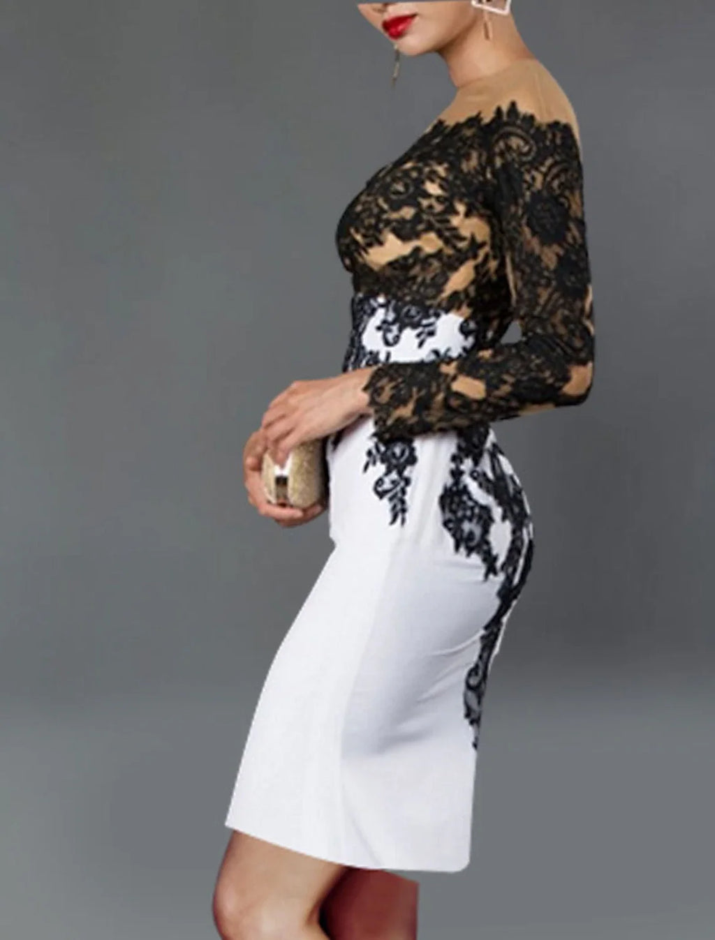 Black Sheath Off-Shoulder Crepe Long Sleeve Applique Tea-Length Wedding Dress - Chloe Dress