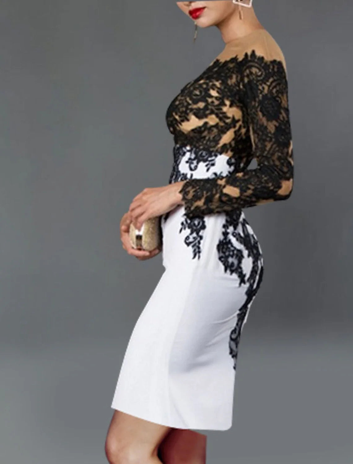 Black Sheath Off-Shoulder Crepe Long Sleeve Applique Tea-Length Wedding Dress - Chloe Dress
