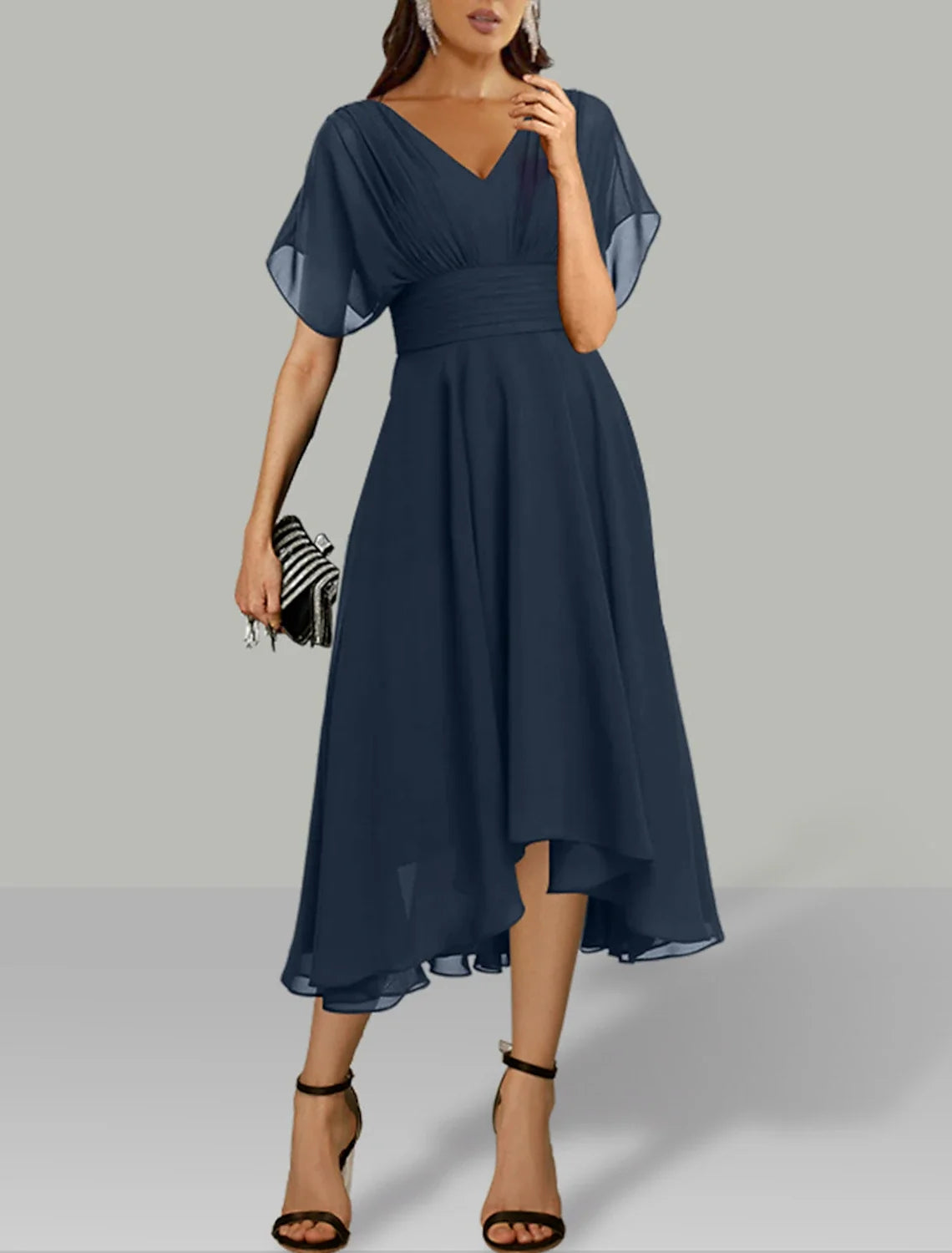 JiMiss Tea-Length Chiffon Wedding Guest Dress with V-Neck