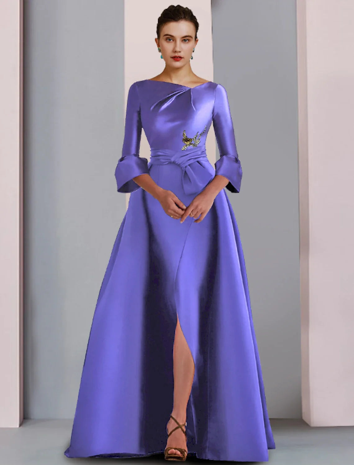 A-Line Satin Three-Quarter Sleeve Pleated Floor-Length Party Dress - Chloe Dress