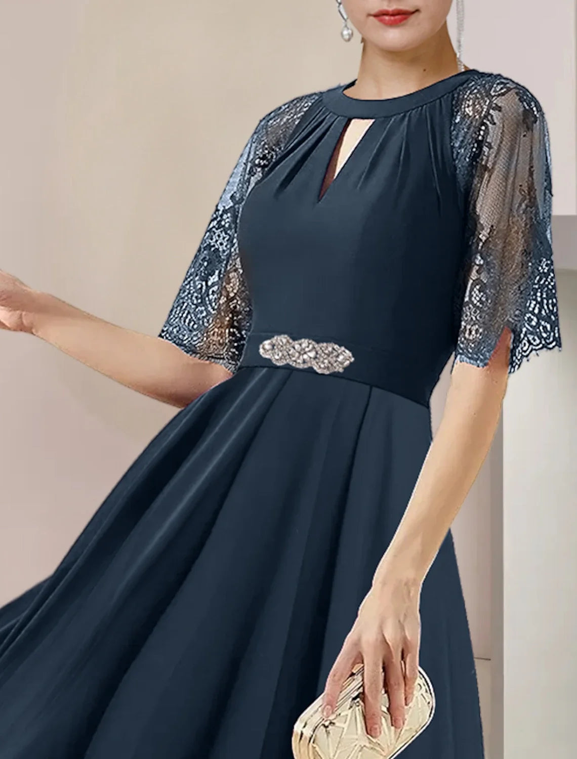 A-Line High Neck Chiffon Three-Quarter Sleeve Pleated Tea-Length Wedding Dress - Chloe Dress