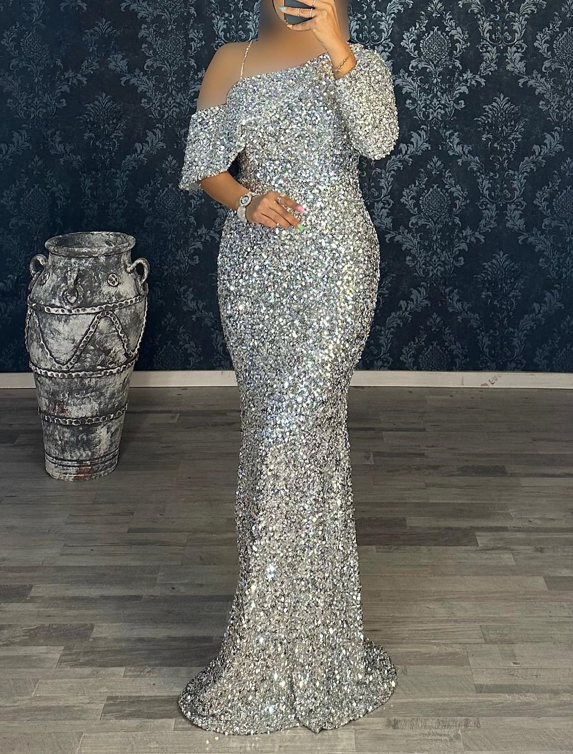 Green Mermaid One-Shoulder Sequin Long Sleeve Train Evening Gown - Chloe Dress
