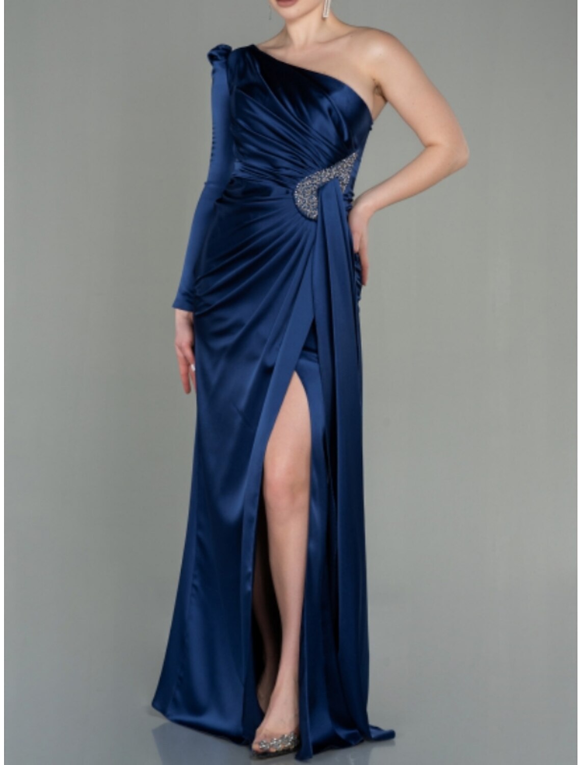 A-Line One-Shoulder Satin Long Sleeve High Slit Evening Gown - Chloe Dress