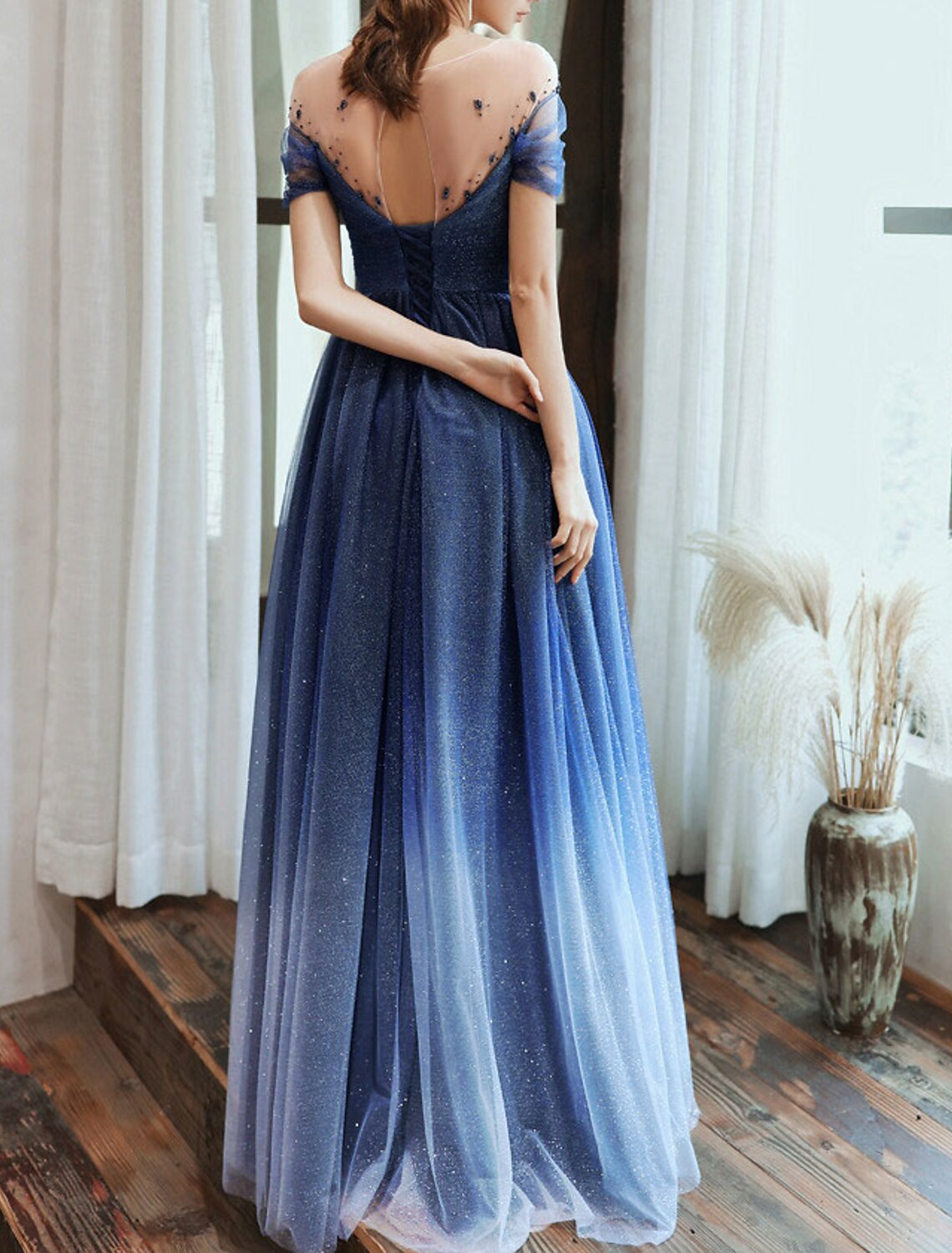 Sheath Tulle Short Sleeve Pleated Floor-Length Evening Dress - Chloe Dress