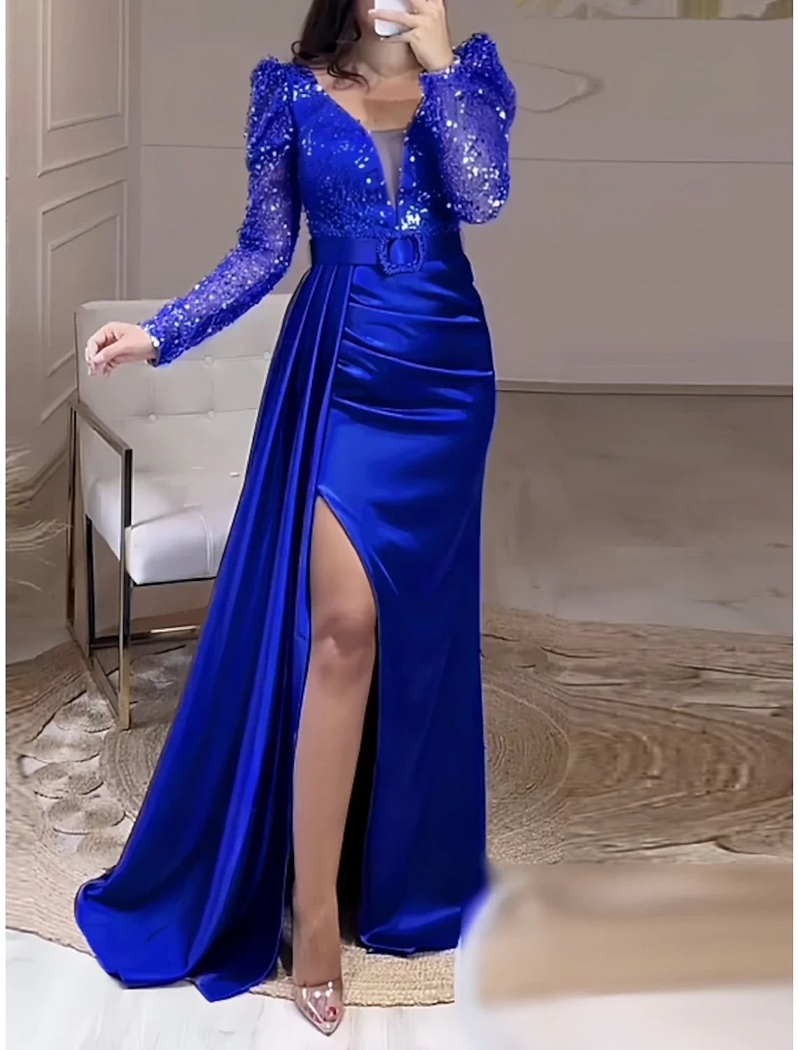 A-Line V-Neck Satin Long Sleeve Pleated Evening Gown - Chloe Dress