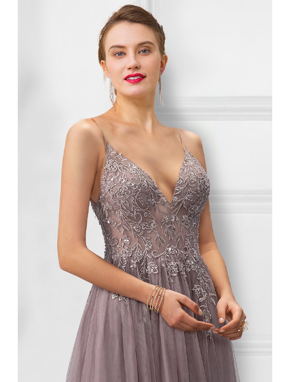 A-Line Spaghetti Strap Tulle Sleeveless High Slit Floor-Length Prom Dress - Chloe Dress