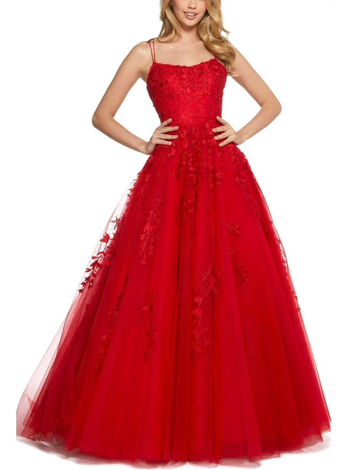 A-Line Spaghetti Strap Lace Sleeveless Backless Applique Floor-Length Prom Dress - Chloe Dress