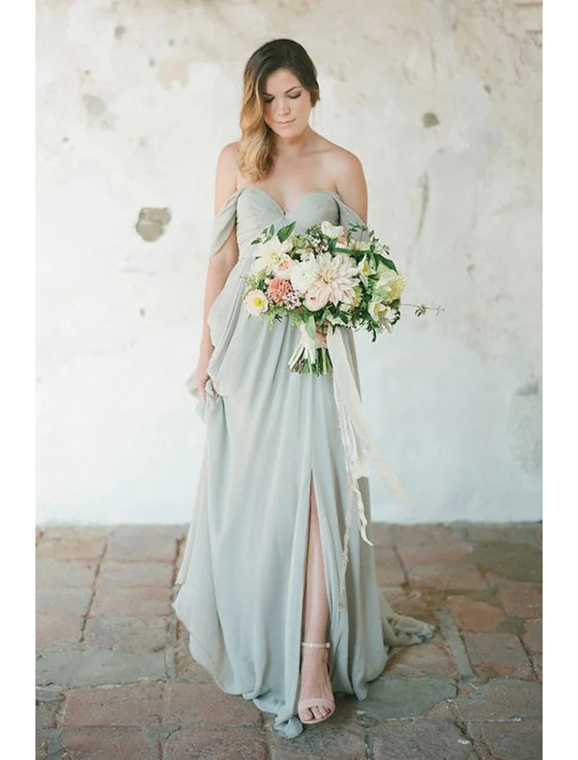 A-Line Sweetheart Chiffon Short Sleeve Pleated Floor-Length Wedding Dress - Chloe Dress