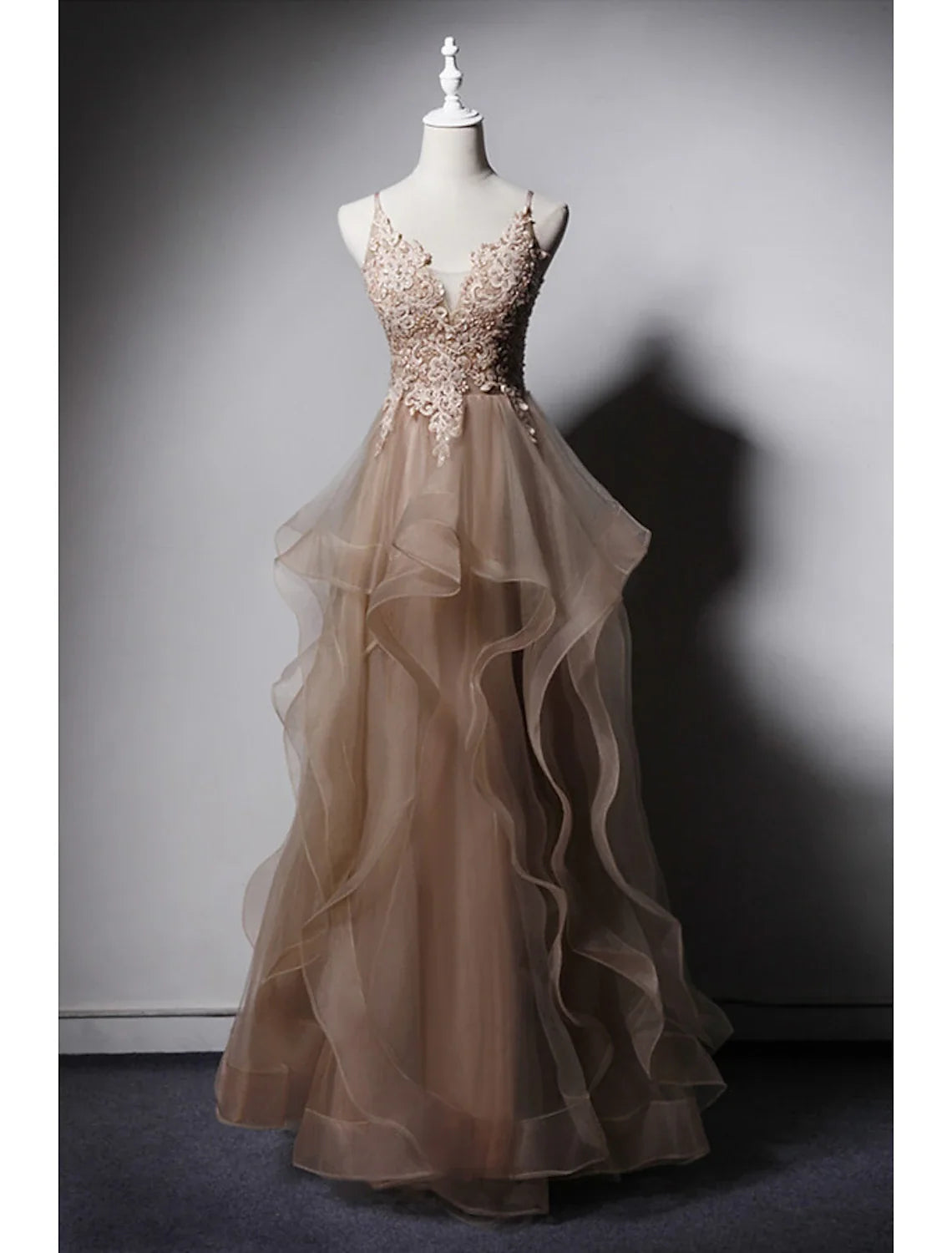 A-Line Spaghetti Strap Lace Sleeveless Open Back Ruffled Floor-Length Prom Dress - Chloe Dress