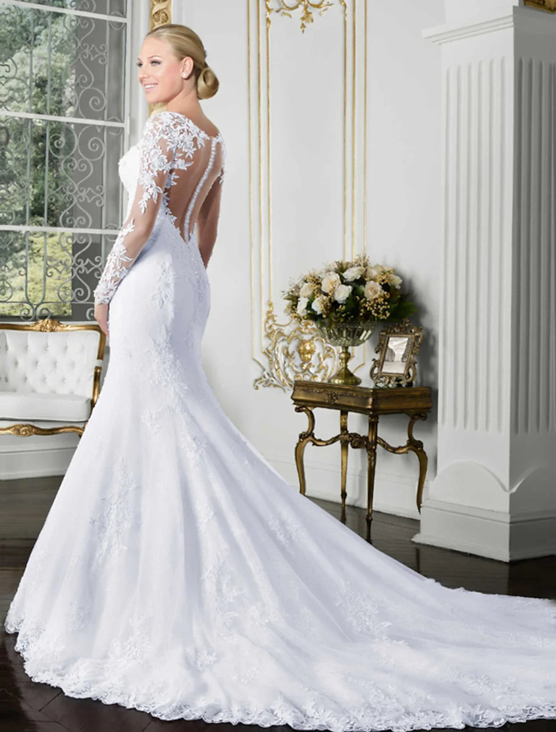 Mermaid Illusion Lace Long Sleeve Open Back Train Wedding Gown - Chloe Dress
