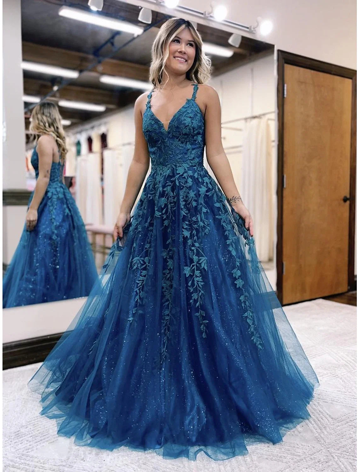 A-Line V-Neck Tulle Sleeveless Backless Applique Floor-Length Prom Gown - Chloe Dress