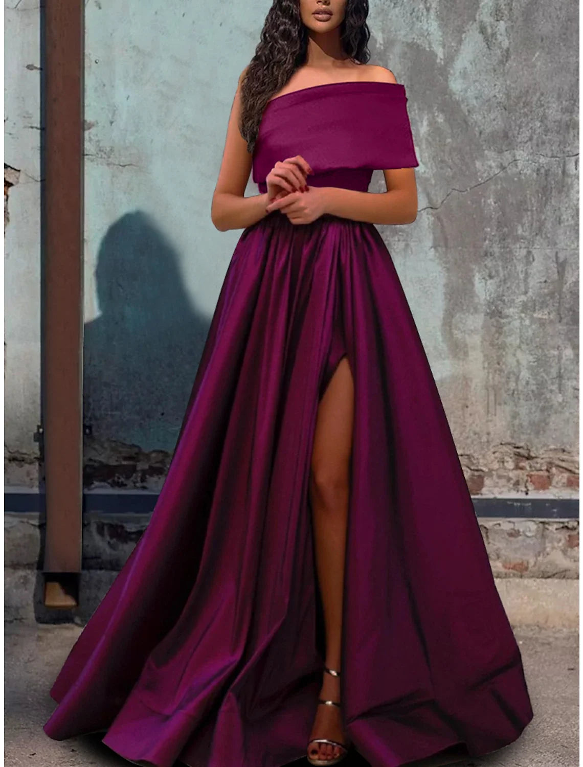 A-Line One-Shoulder Satin Short Sleeve High Slit Floor-Length Prom Dress - Chloe Dress