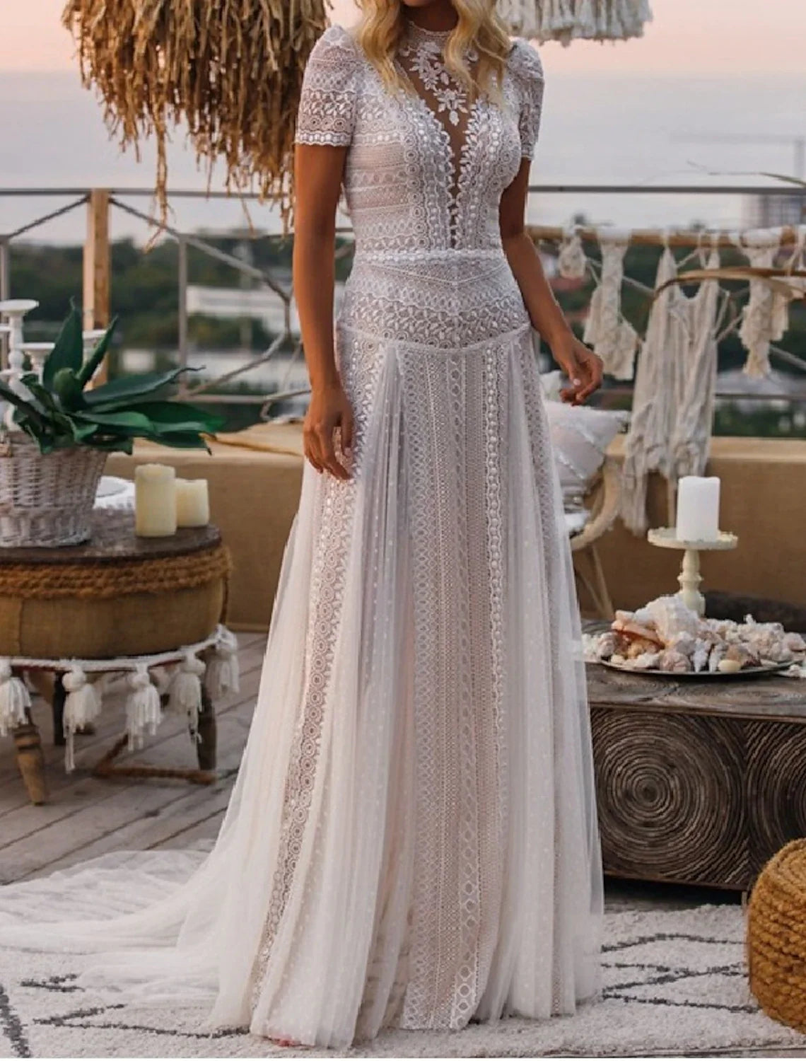 A-Line Illusion Lace Short Sleeve Train Mini Wedding Gown - Chloe Dress