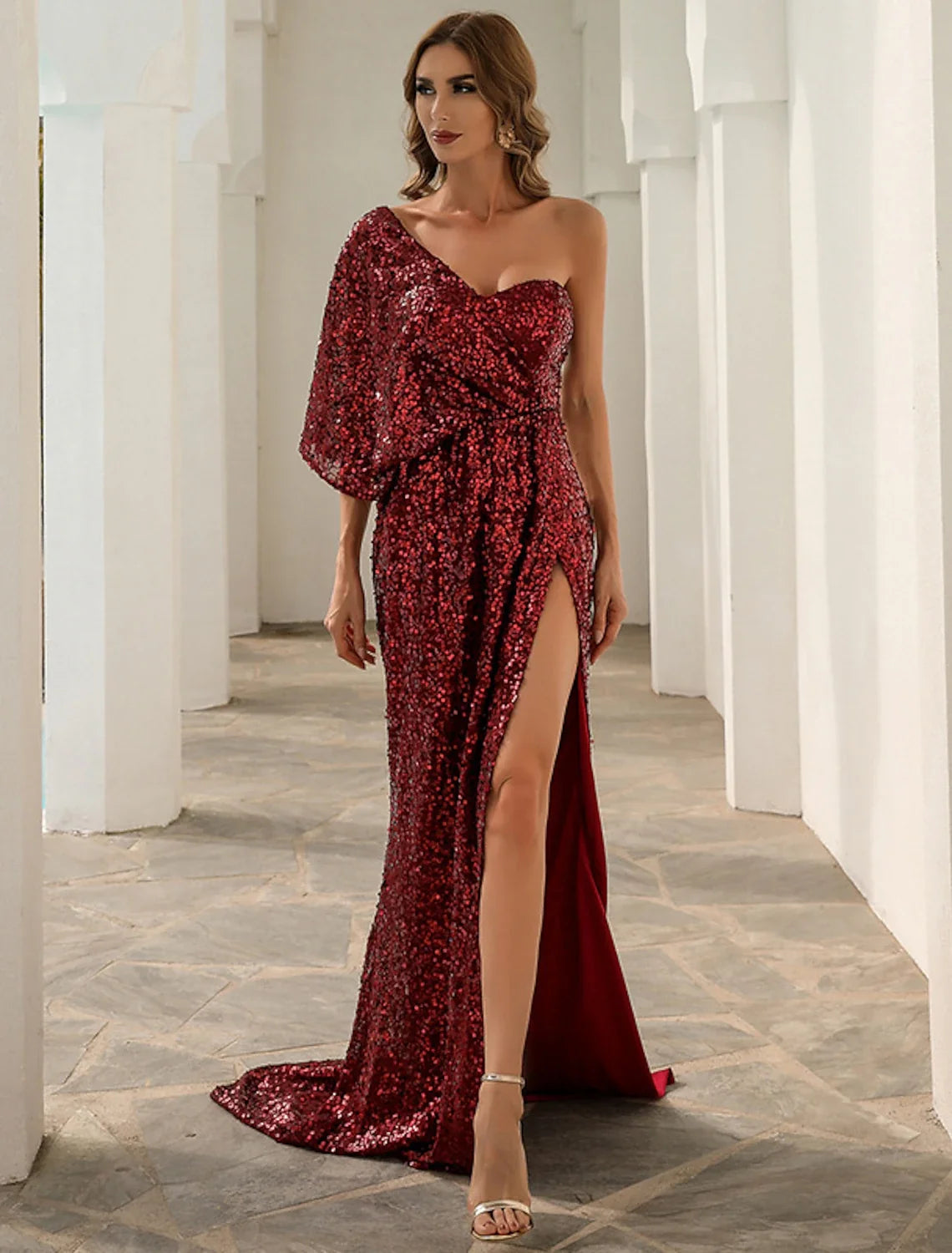 A-Line One-Shoulder Sequin Sleeveless High Slit Evening Gown - Chloe Dress