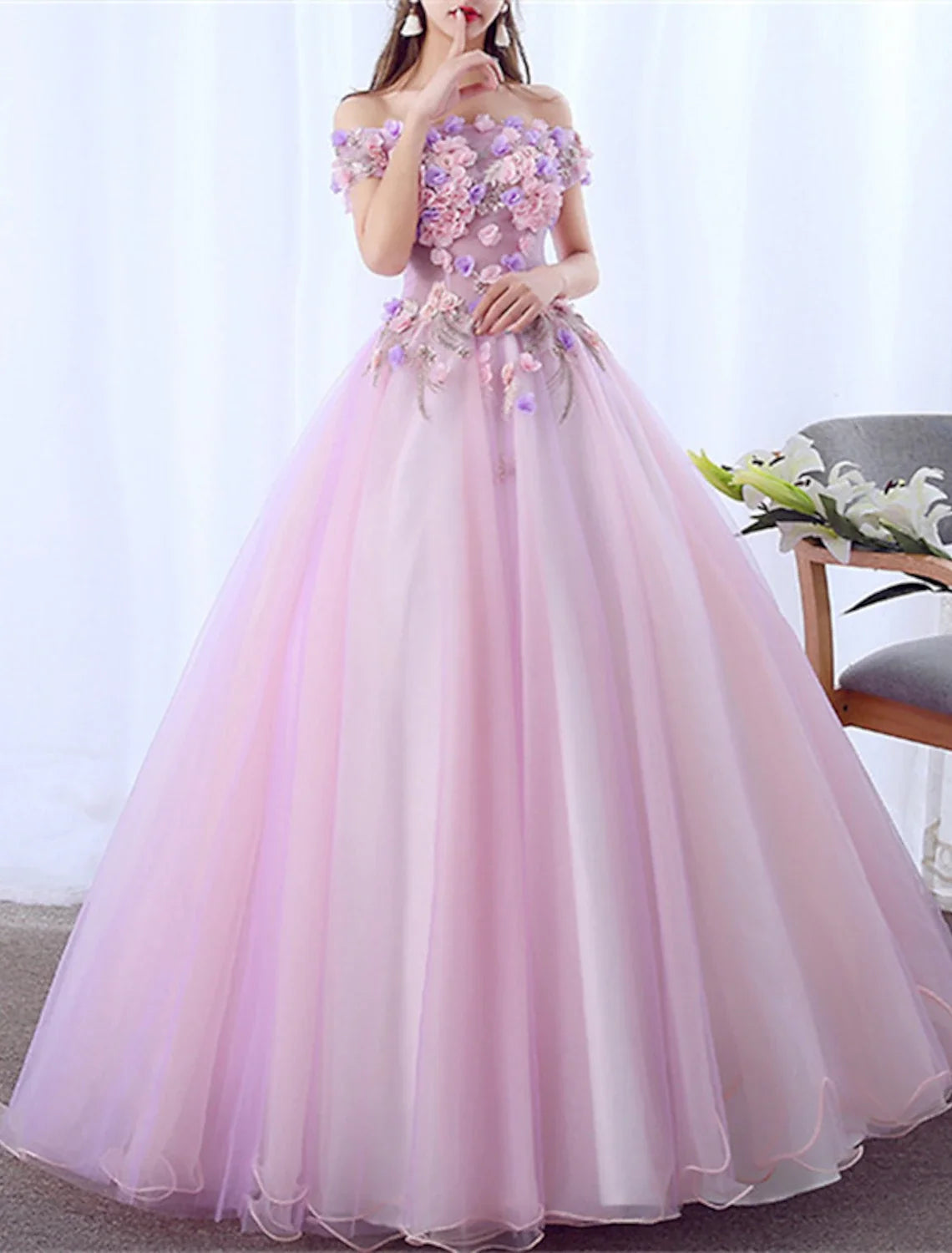 Ball Gown Off-Shoulder Polyester Short Sleeve Applique Floor-Length Gown - Chloe Dress