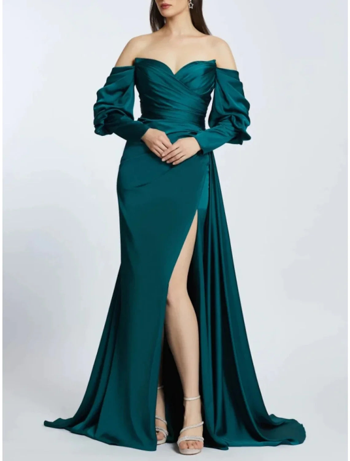 A-Line Off-Shoulder Satin Long Sleeve High Slit Evening Gown - Chloe Dress