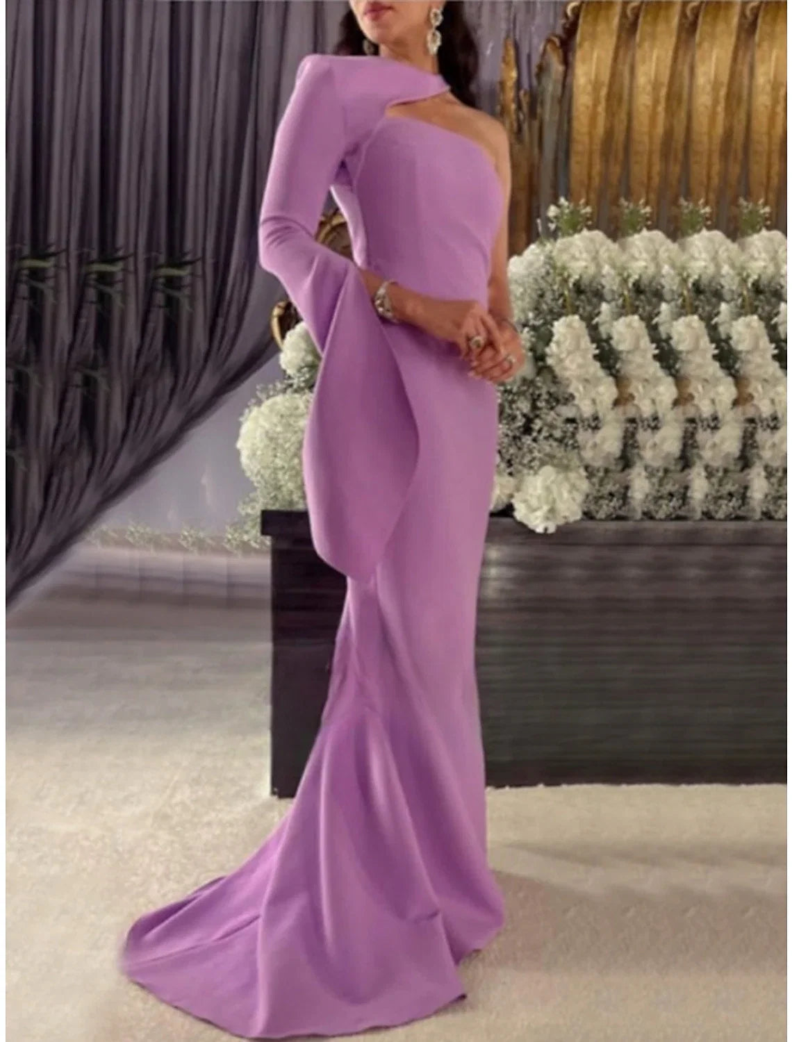 Sheath Halter Long Sleeve Pleated Evening Gown - Chloe Dress