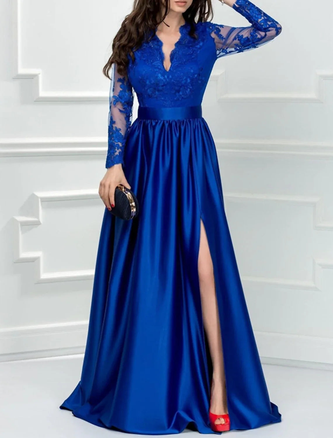 A-Line V-Neck Satin Long Sleeve High Slit Floor-Length Evening Gown - Chloe Dress