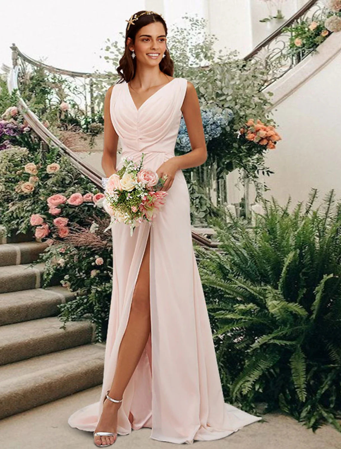 A-Line V-Neck Chiffon Sleeveless Floor-Length Wedding Dress - Chloe Dress