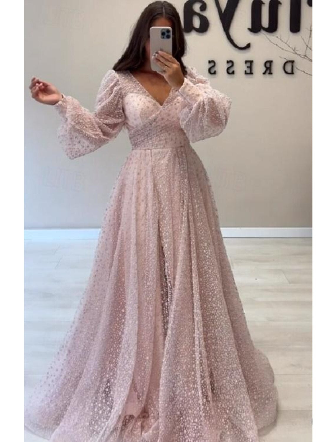 A-Line V-Neck Sequin Long Sleeve Floor-Length Prom Dress - Chloe Dress