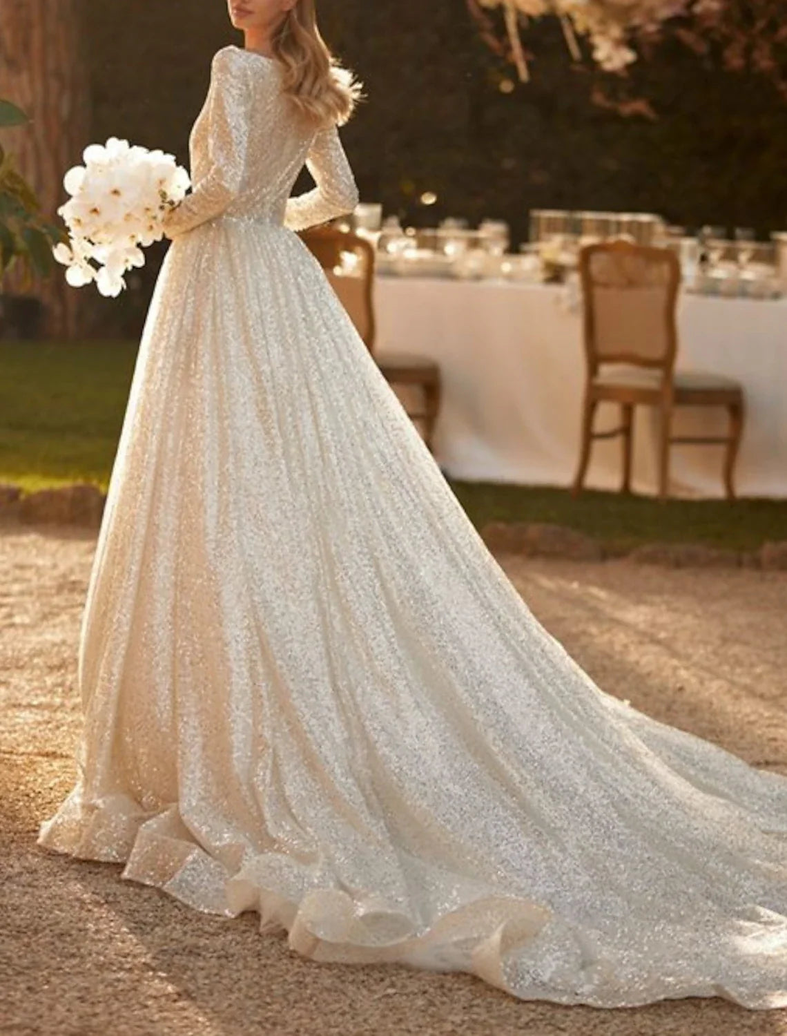 Ball Gown Sequin Long Sleeve Train Wedding Gown - Chloe Dress