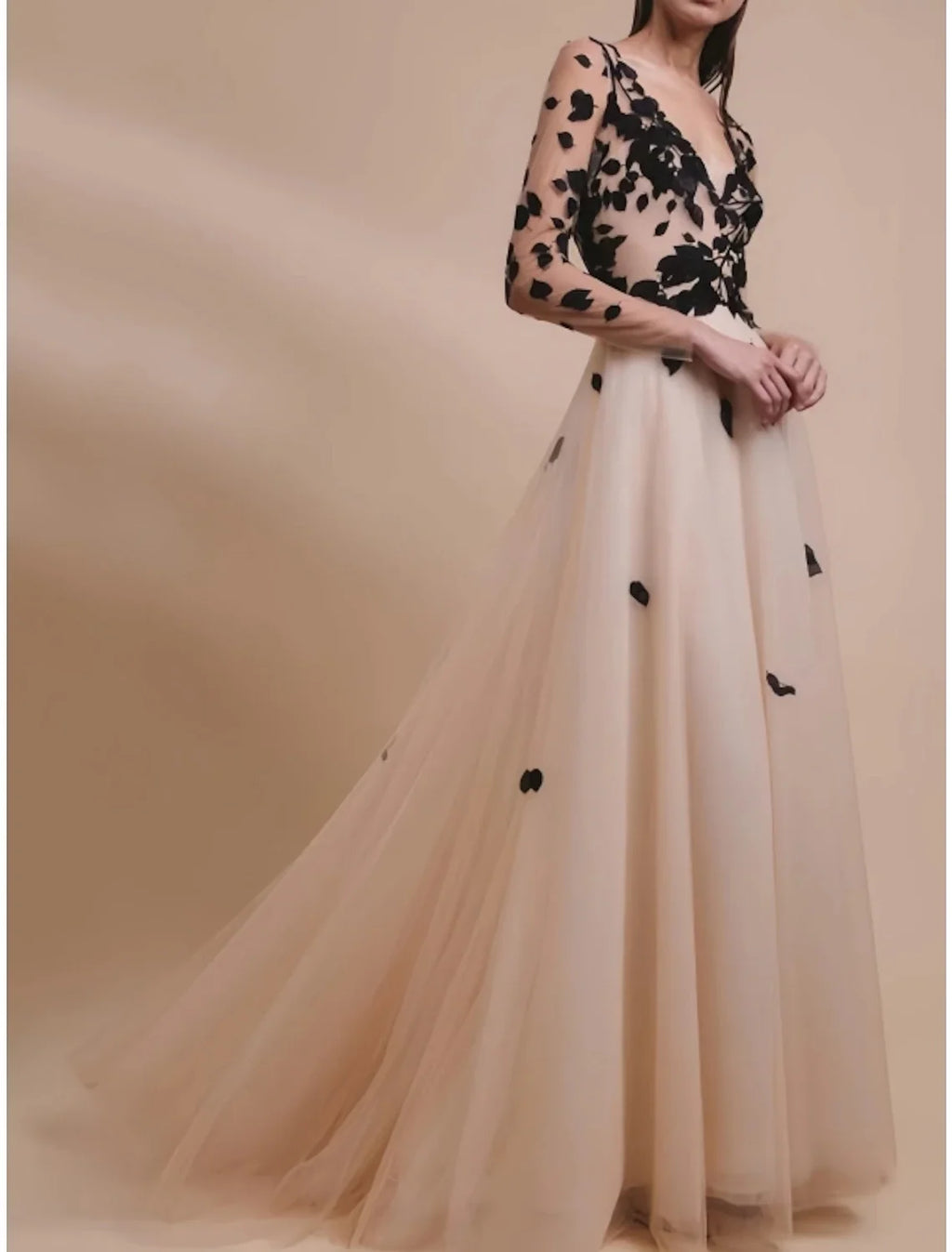 Champagne A-Line V-Neck Tulle Long Sleeve Train Evening Gown - Chloe Dress
