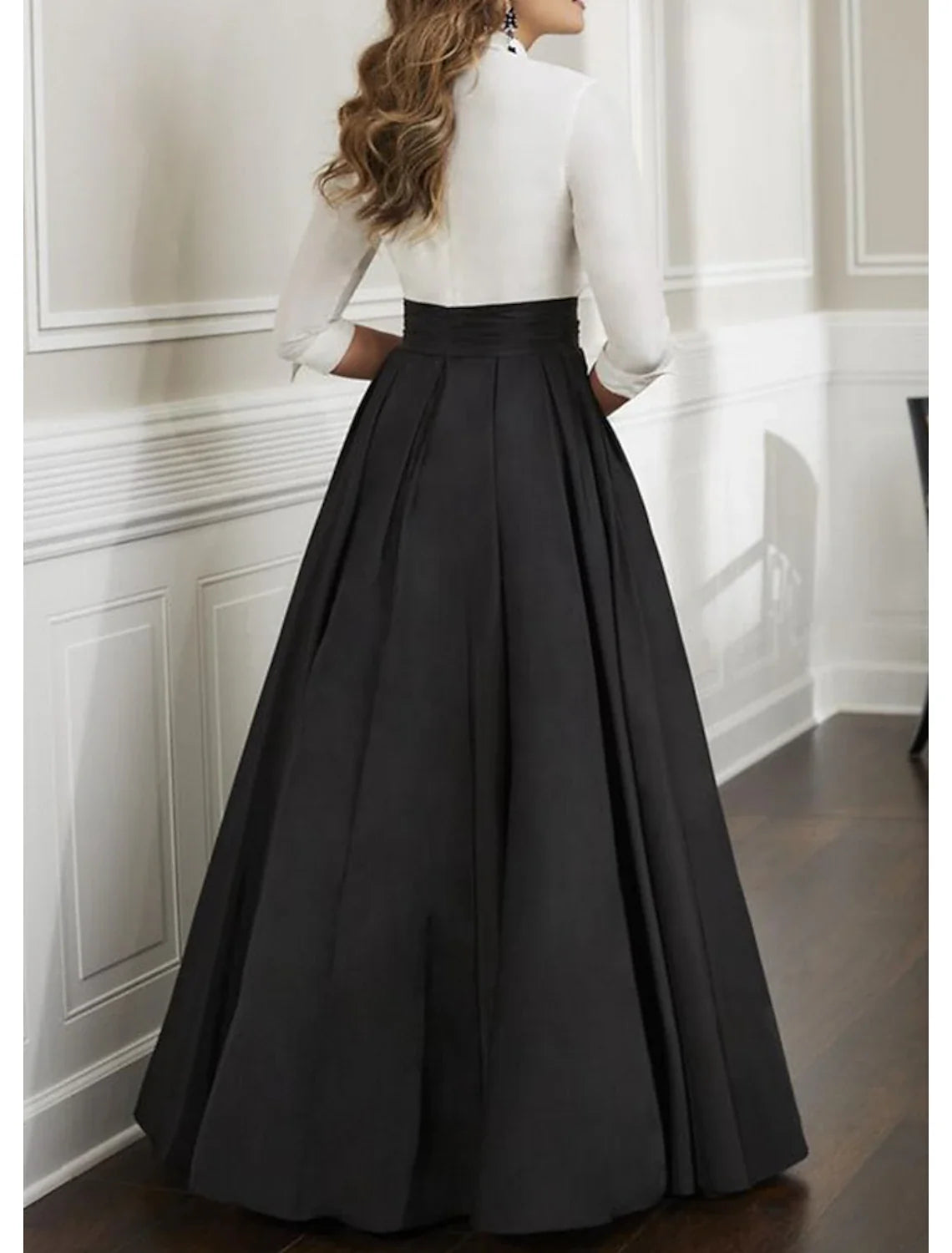 Black A-Line Satin Three-Quarter Sleeve Floor-Length Evening Gown - Chloe Dress