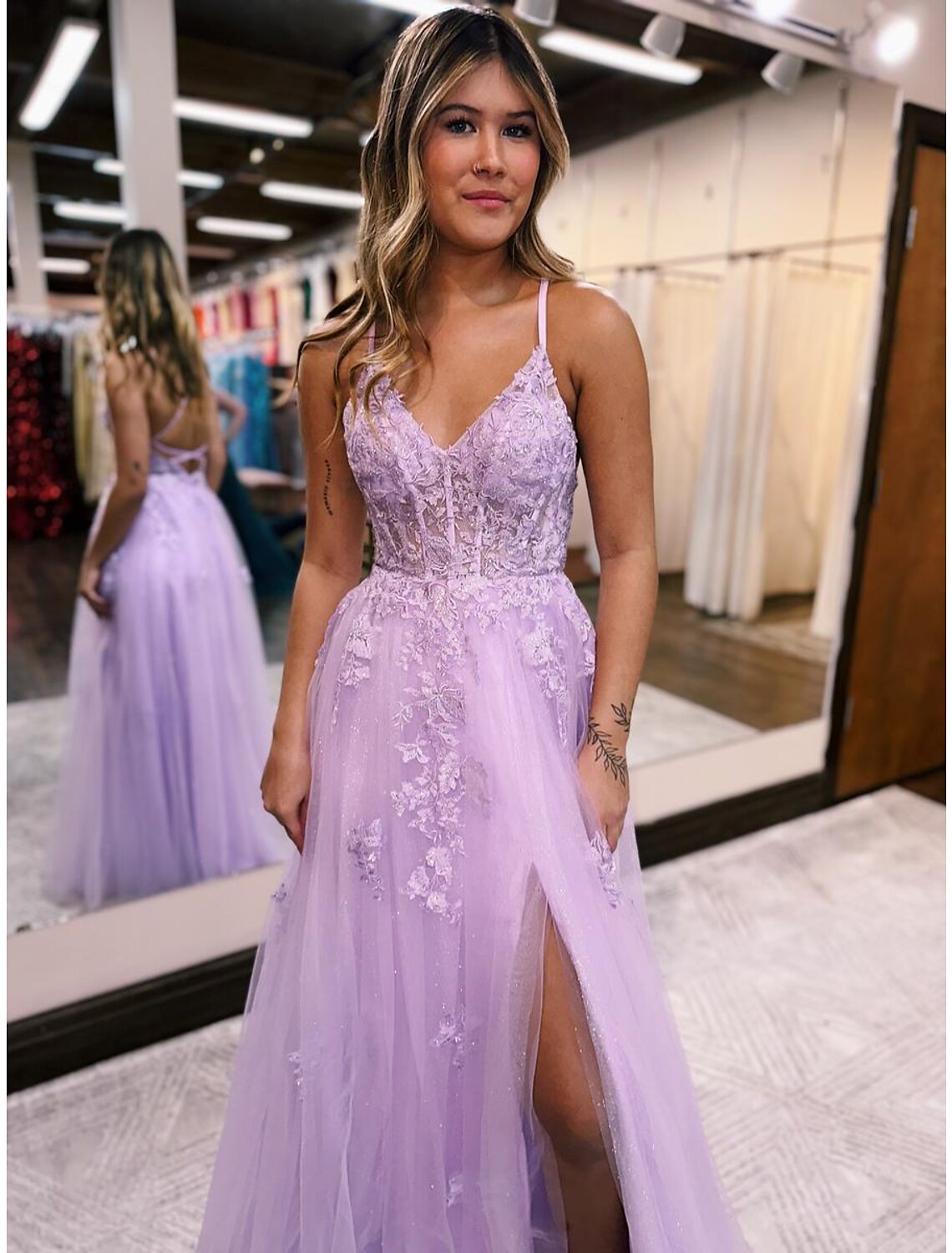A-Line V-Neck Tulle Sleeveless Open Back High Slit Floor-Length Evening Gown - Chloe Dress