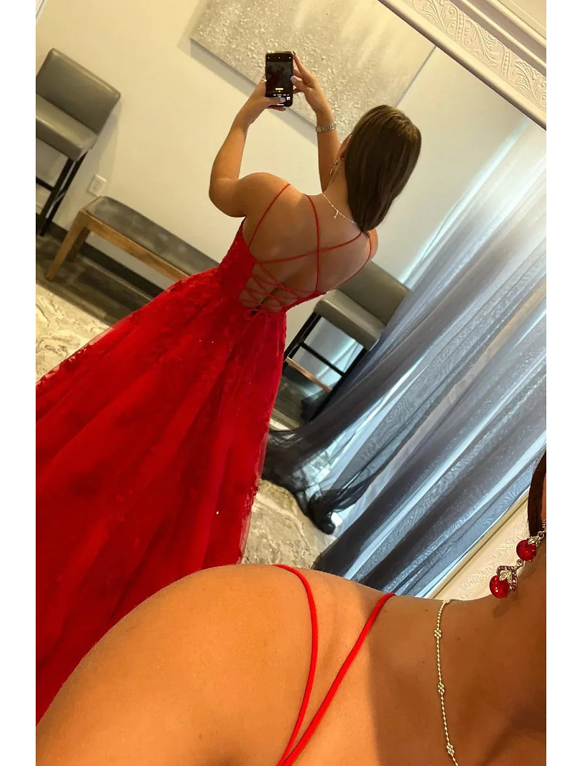 A-Line Spaghetti Strap Tulle Sleeveless Backless Applique Floor-Length Evening Dress - Chloe Dress