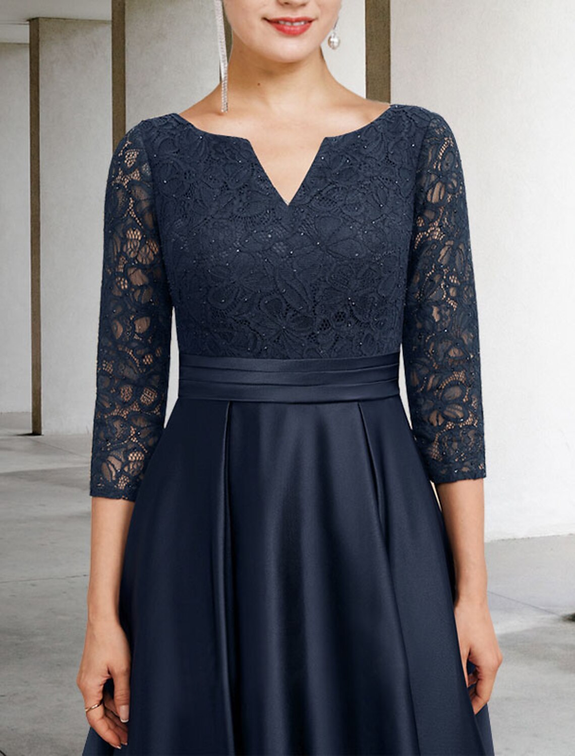 A-Line V-Neck Satin Three-Quarter Sleeve Pleated Ankle-Length Dress - Chloe Dress