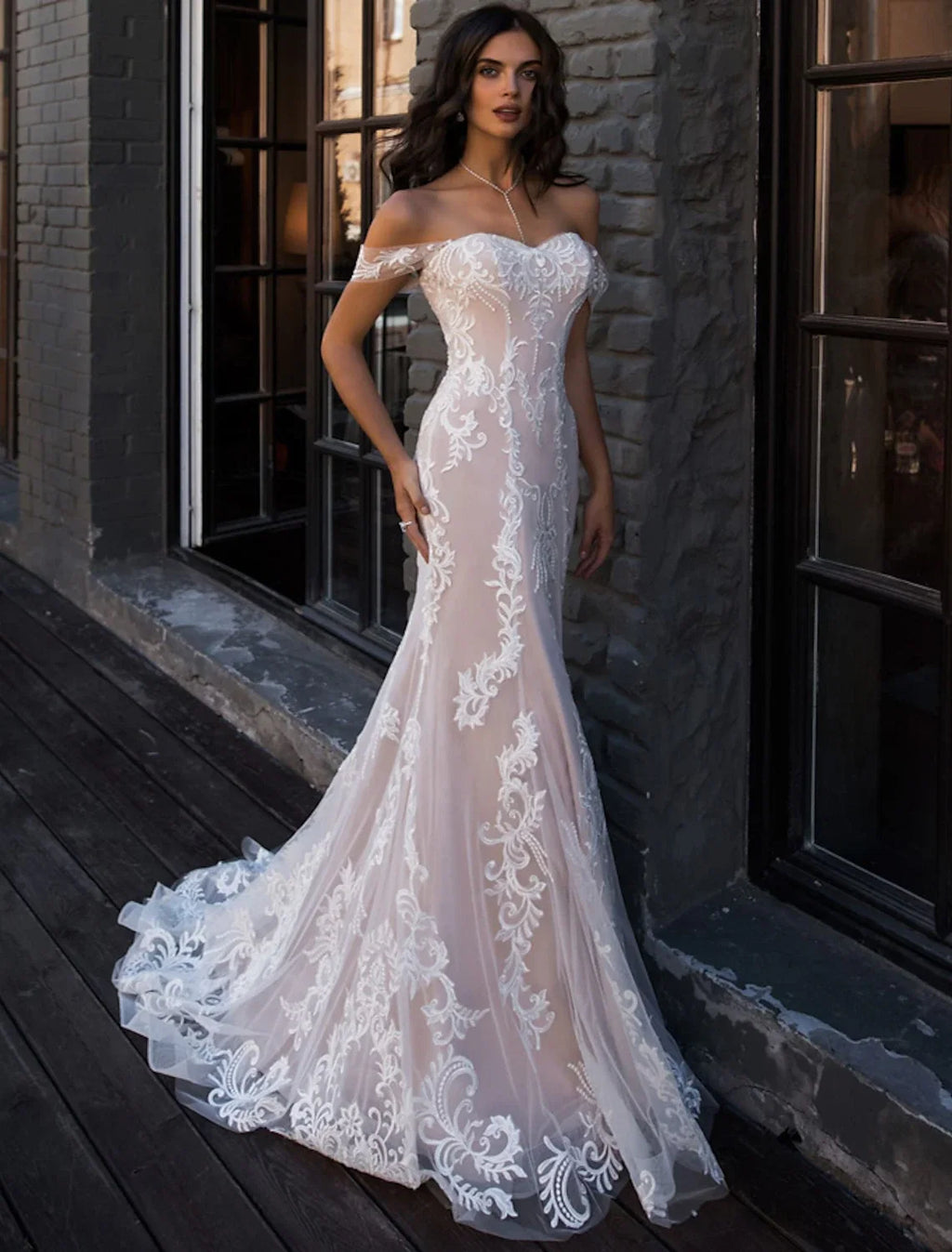 Mermaid Off-Shoulder Lace Cap Sleeve Train Wedding Gown - Chloe Dress