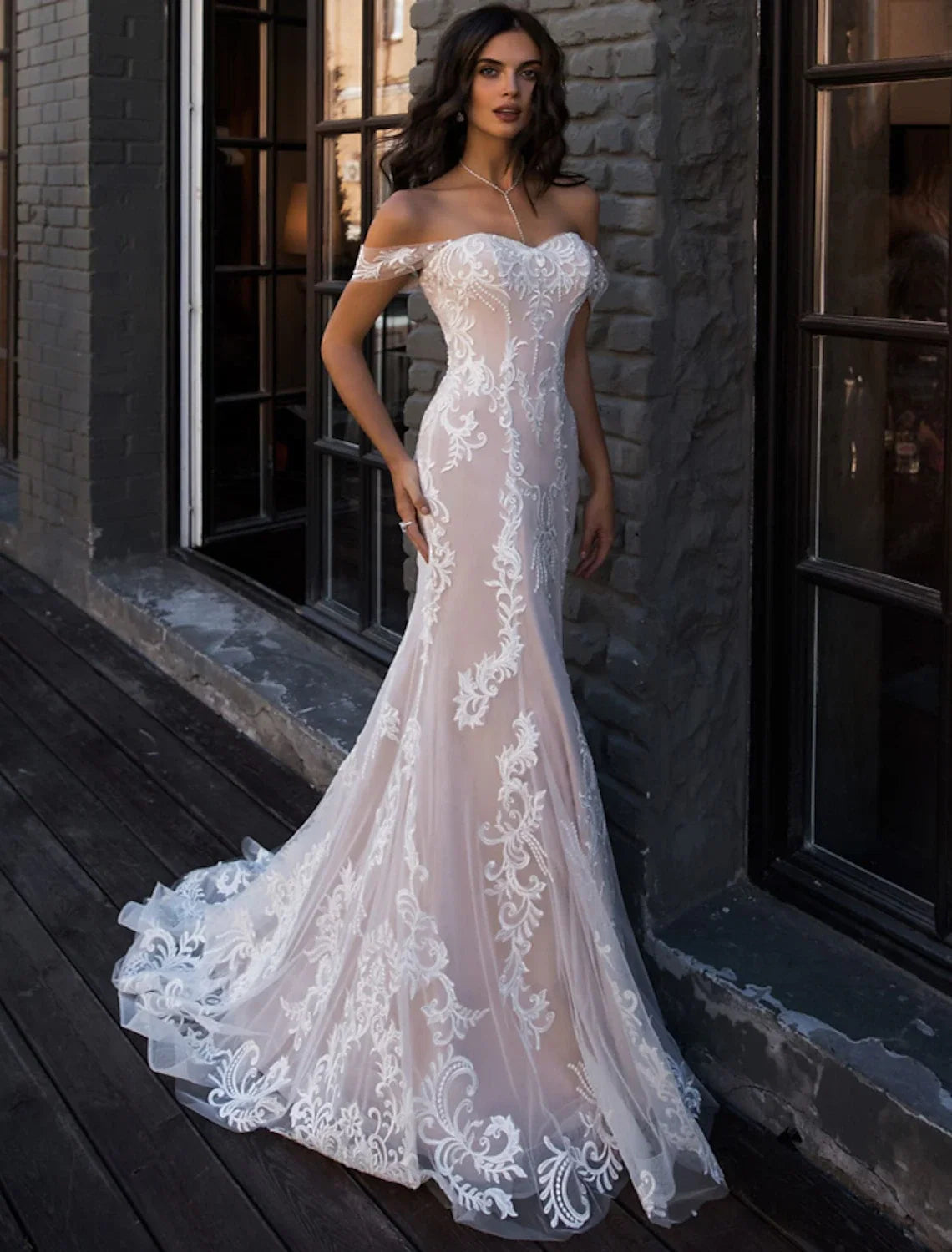 Mermaid Off-Shoulder Lace Cap Sleeve Train Wedding Gown - Chloe Dress