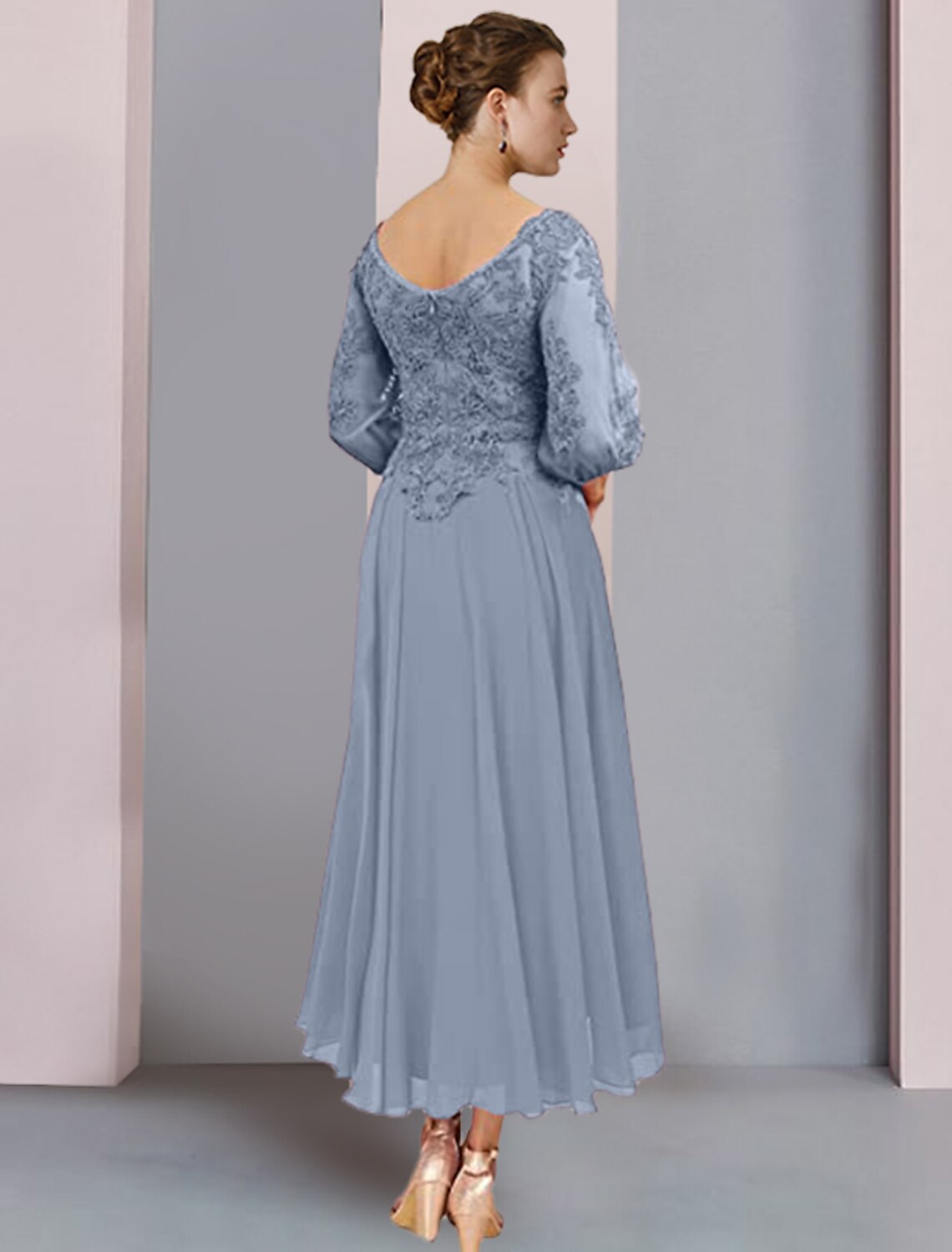 A-Line V-Neck Chiffon Three-Quarter Sleeve Pleated Tea-Length Wedding Dress - Chloe Dress