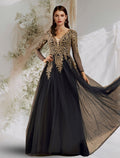 Ball Gown V-Neck Tulle Long Sleeve Applique Floor-Length Evening Gown - Chloe Dress