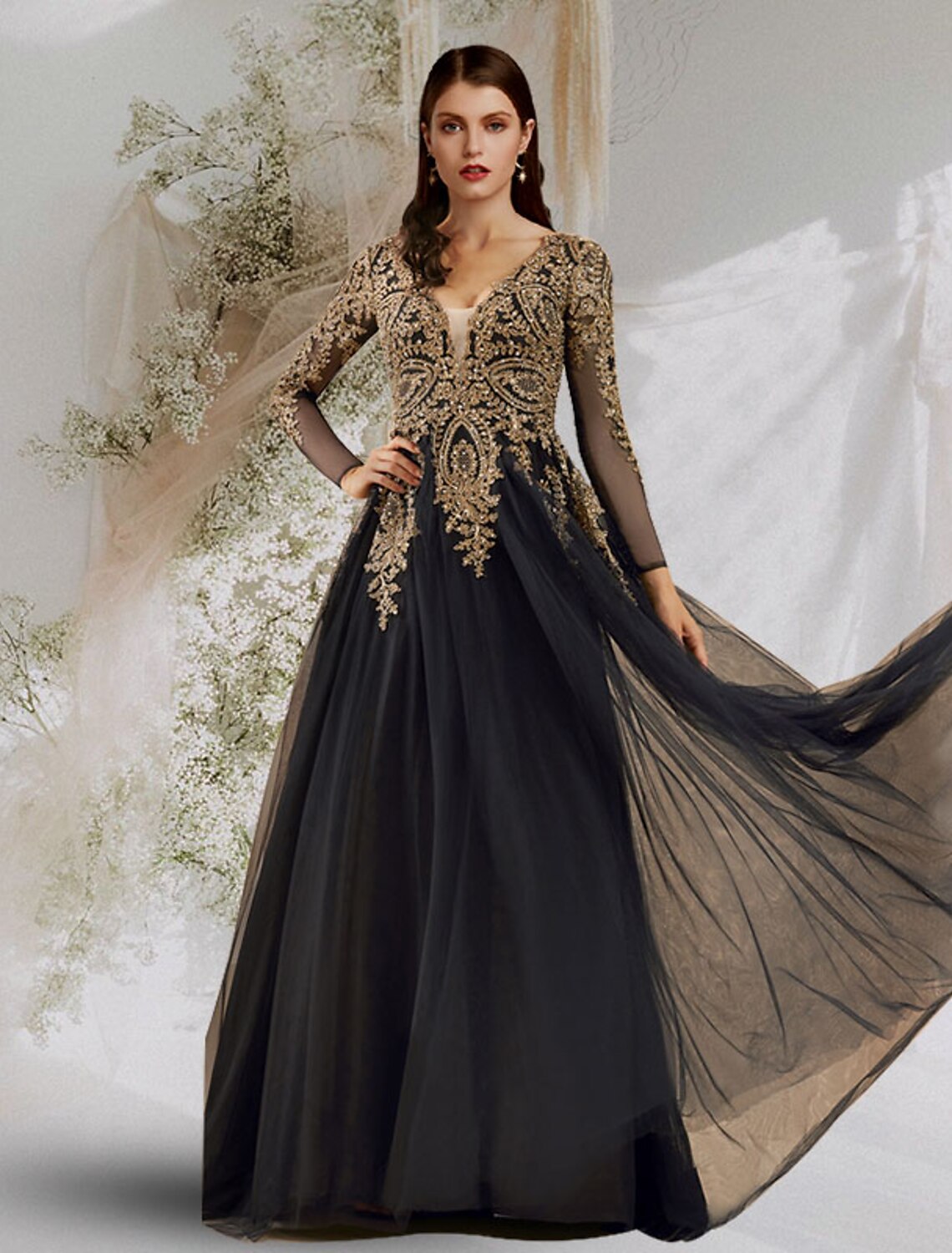 Ball Gown V-Neck Tulle Long Sleeve Applique Floor-Length Evening Gown - Chloe Dress
