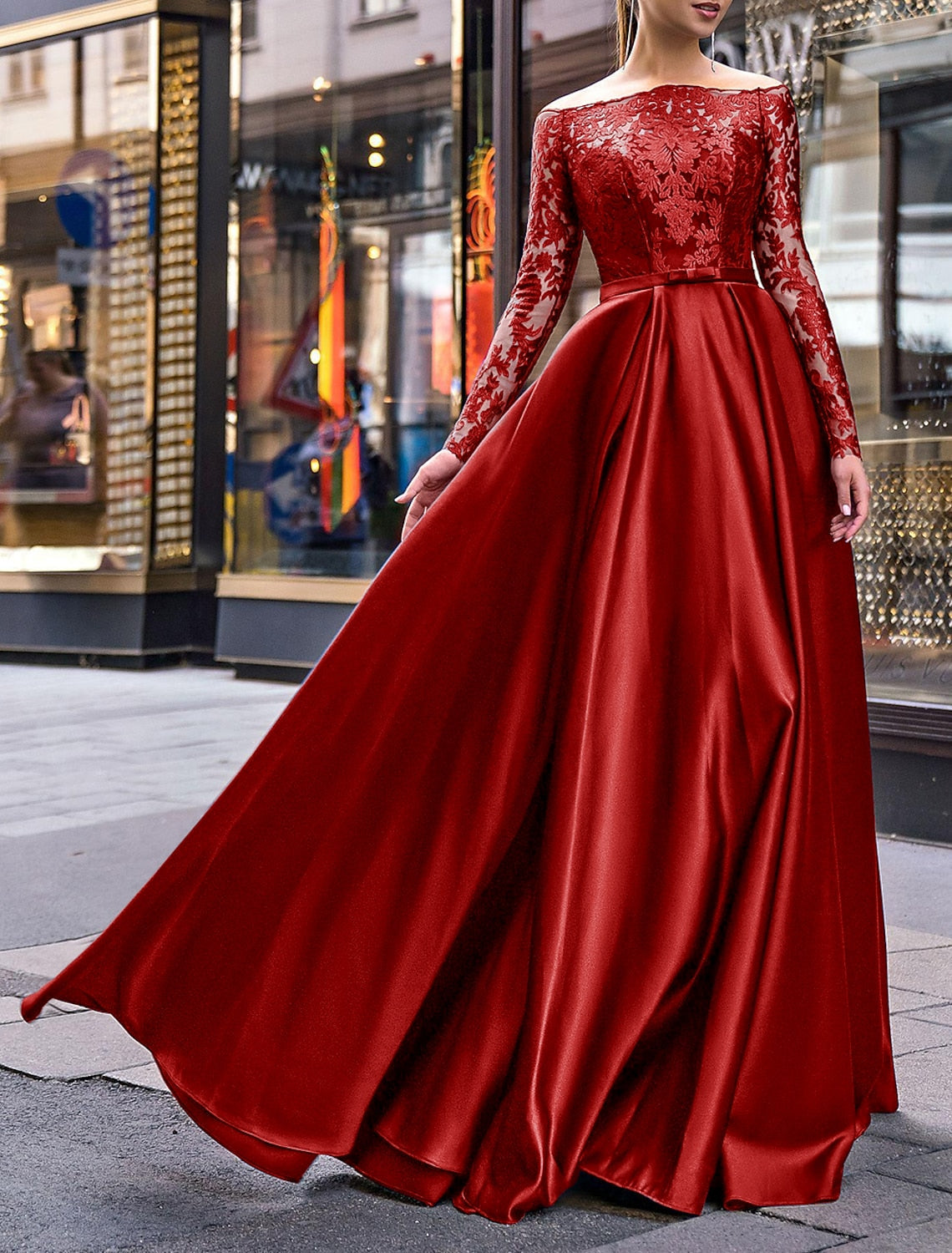Green A-Line Off-Shoulder Satin Long Sleeve Applique Floor-Length Evening Gown - Chloe Dress