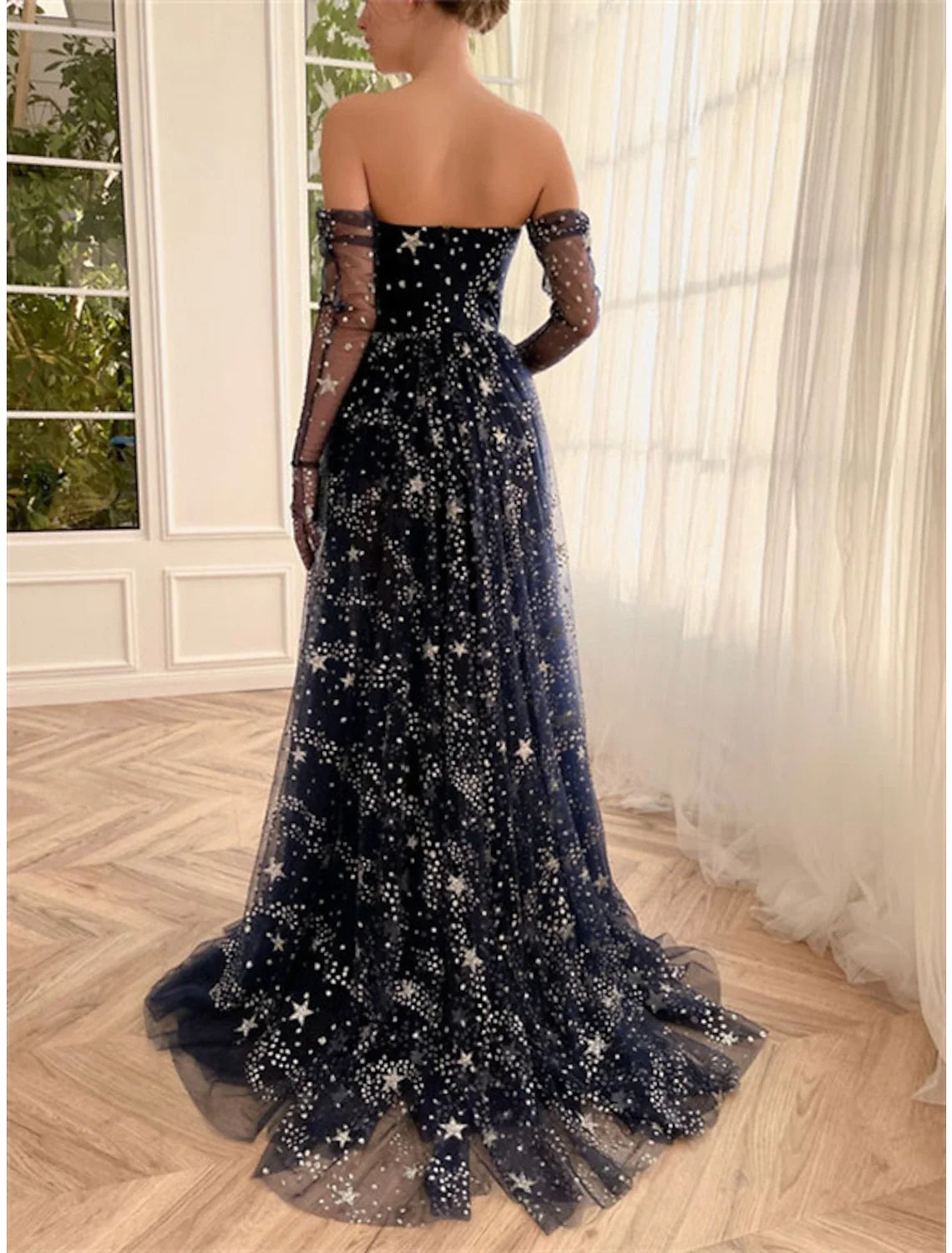 A-Line Strapless Tulle Long Sleeve High Slit Prom Dress - Chloe Dress