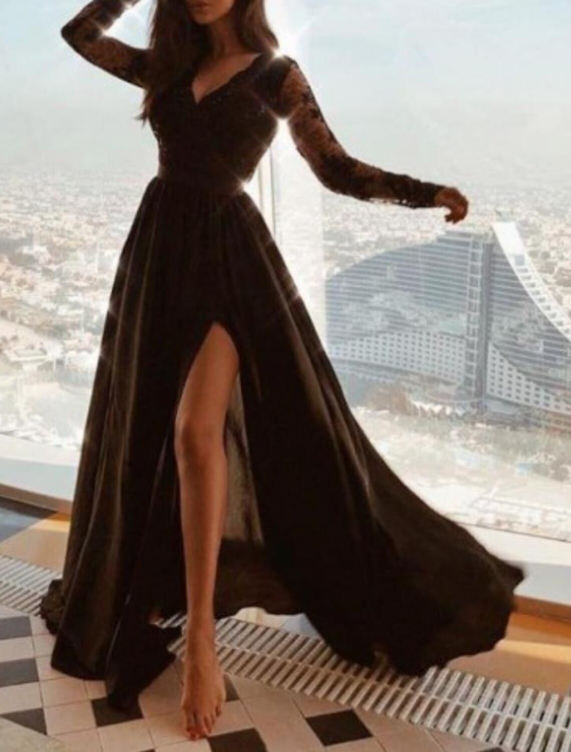 Black A-Line V-Neck Chiffon Long Sleeve Applique Floor-Length Wedding Gown - Chloe Dress