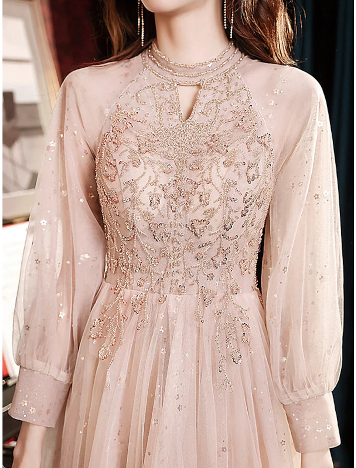 A-Line Tulle Long Sleeve Pleated Floor-Length Evening Dress - Chloe Dress